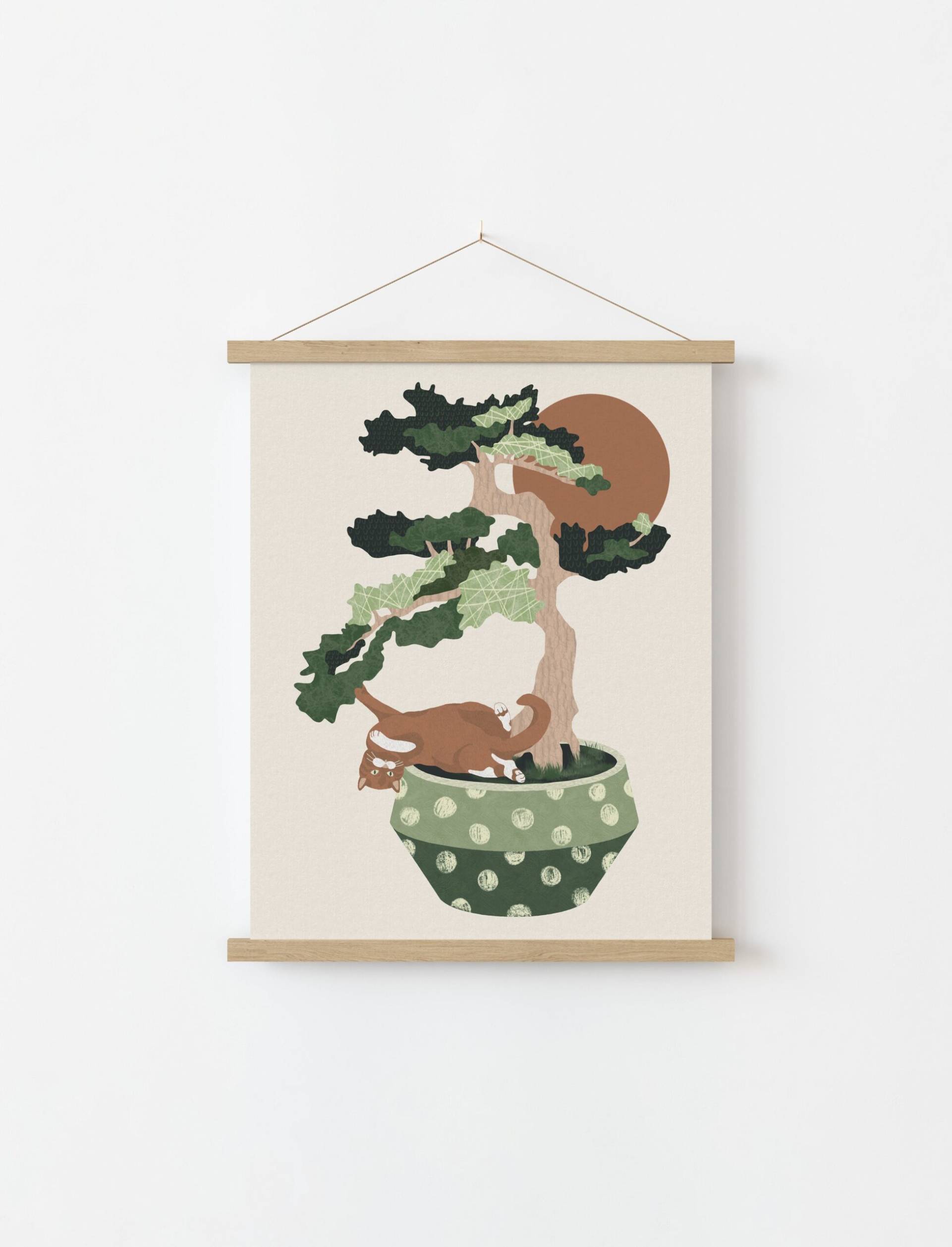 poster showing a cat lying in a pot with a bonsai tree